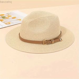 Breda randen hattar hink hattar enkla bältedekor Panama hattar fast färg strå hatt klassisk brittisk stylejazz hatt rese strandhattar för kvinnor flickor 240407
