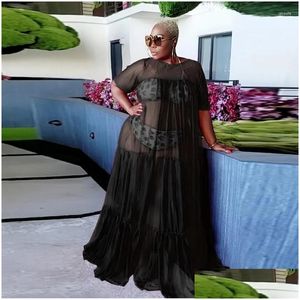 زائد الفساتين الحجم Kexu Women Mesh See على الرغم من ارتفاع الخصر كبير الأرجوحة Maxi Dress 2023 Summer Sheer Beachwear Holiday