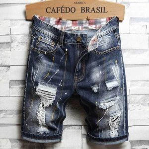 Men's Shorts Mens open front short graffiti paint jeans summer cotton shorts Plus size 28-40 patchwork denim pants street style stacked jeans J240407