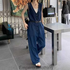Fashionable work attire straps and pants for womens summer new high waisted loose fitting denim wide leg jumpsuit