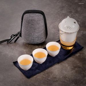 TeAware Setleri Seyahat Çay Seti Taşınabilir Çanta Açık Altın Bir Pot Üç Bardak Seramik Kapak Cam Fuar Bardak