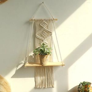 Tapestries Hand-Woven Tassel Plant Hanger Floating Shelf Bohemian Wooden Wall Decor Nordic Macrame Tapestry Hanging