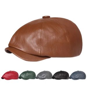 Stingy Brim Hats Mens genuine leather warm octagonal hat casual retro news boy golf driving flat cabi winter male artist Gatsby Q240404