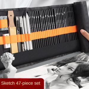 Bleistifte 27/38/47pcs Sketch Bleistifte Set Sketching Kit Roll Up Canvas Wrap Bag Zeichnung Bleistift Set Art Supplies School Supplies Stationary