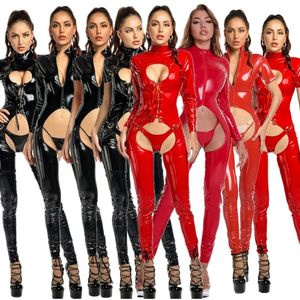 Sexig faux läder PVC Wetlook Erotic Hollow Out Zipper Open Crotch Jumpsuit Fetish Exotic Bodysuit Lingerie Latex Shiny Catsuit