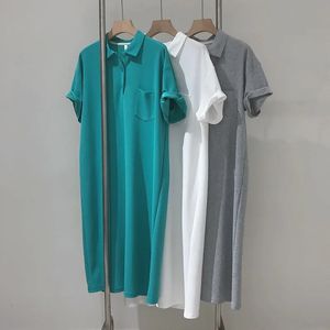 Roupas de vestido polo feminino para senhora 2024 verão cor sólida coreana moda casual solto manga curta vestidos de camiseta longa 240325