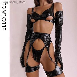 Sexig uppsättning elloLACE Fetisch PVC Lingerie Sissy Cup Out Bh Leather Pu Sensual Underwear Uncensored LaTex Push Up Exotic Outfits With Strepp L2447