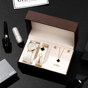 5-piece Watch Gift Box Set Kwai Women's Fashion Belt Wristwatch+titanium Steel Color Protection Jewelry