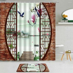 Shower Curtains 2Pcs Chinese Style Screen Landscape Painting Curtain Pond Lotus Koi Stone Fabric Non-Slip Bath Mat Bathroom Set