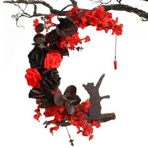 Dekoratif Çiçekler Cadılar Bayramı Çelenk Ön Kapı Dekoru Siyah Koyu Gotik Tarz Hasat İle Yapay Gül Çelenkleri