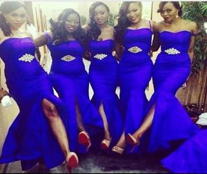 African Royal Blue Mermaid Bridesmaid Dresses 2019 Front Split Satin Golvlängd Anpassad Evening Formal Wear Long Maid of Hon1751379