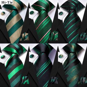 Neck Ties Black green striped silk tie for mens wedding accessories mens necklaces pockets square cufflinks mens business party giftsC240407