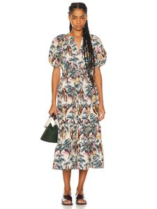 New High Quality Women Midi Floral Printed Dresses Women Summer Fashion Designer Holiday Ruched Floral Print Cascading FZ2404075