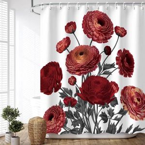 Cortinas de chuveiro Cortina floral vintage Bonito de tecido de tecido impermeável de padrão vermelho com ganchos