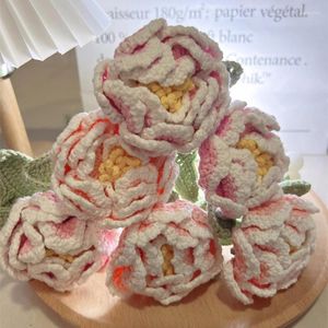 Decorative Flowers Peony Cotton Wool Hand-knitted Bouquet Finished Knitted Immortal DIY Simulation Creative Home Decoration