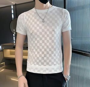 New Men's T-Shirts Summer Round Neck ultral thin ice silk ligh comfortalble black white TShirt Stretch male Plaid Slim Fit Short Sleeve Knitted Tee Shirt Top Homme