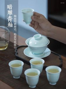 ティーウェアセットJingdezhen Ceramic Sancai Gaiwan Tea Cup Non-Scald家計大型ハンド彫刻Shadow Blue Procelain Brewing Bowlシングル