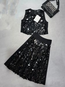 2024 Summer Women's Black Round Neck Fashion Casual Spicy Girl Style Sequin Loose Straight Tank Top+A-Line Half kjol