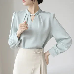 Frauenblusen Frauen Frühling Herbst Style Hemd Office Lady Casual Langarm Ständer Kragen Satinbluse Vintage weiße Tops