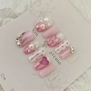 Handmade Wearbale Fake Nail Methyldopamine Ins Style Short Press On Cute Senior Girl Desgin Byself Plastic Flash Pearl 240328