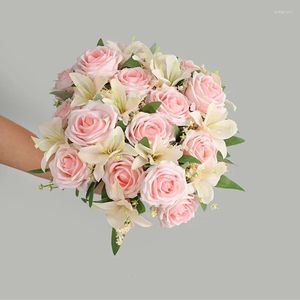 Flores decorativas buquê de rosa de alta qualidade com lírio de seda artificial para decoração de casa decoração de casamentos decoração de flores artificiales roses