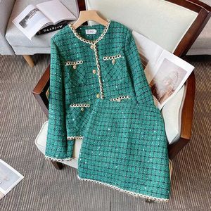 فستان من قطعتين كبير S-3XL Womens Twied Tweed Green Suit Stack Stuck Top and Skirt Sele Set من قطعتين 2023 Winter Jacquard Fashion Fabricc240407