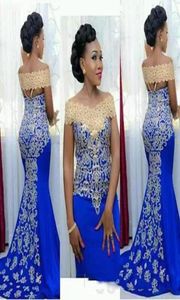 2018 Nowe eleganckie długie sukienki wieczorowe syrena z ramienia ze złotą haftą długość podłogi Afrykańskie kobiety Niebieskie Prom Evenin6739527