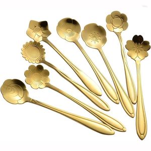 Skedar 8st Gold Flower Spoon Coffee Teskoon Set Cute Tea Rörande Small Sugar Espresso Dessert Rostfritt stål Tabeller