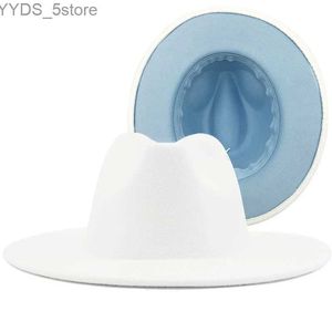 Wide Brim Hats Bucket Simple Outer White Inner Sky Blue Wool Felt Jazz Fedora with Thin Belt Buckle Mens and Womens Panama Trilby Cap 56-60CM yq240407