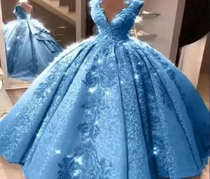 2022 Blue Ball Gown Quinceanera Dresses V Neck Appliciques Lace Prom Party Gowns for Girls 15 Years Corset Back XU6076157