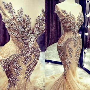 Dresses Luxury Crystals Beaded Gold Evening Dresses Elegant Arabic Dubai Glitter Sequined Formal Occasion Gowns Short Sleeve Long Mermaid