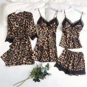 Home Clothing 4PCS LEOPARD Pajamas Suit Satin Brown Nightwear Loose Sleepwear Pyjamas Arrival Nightgown Sexy