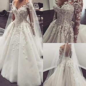 Dresses Lace Ball Gown Wedding Dresses 2019 Fall Plus Size Sheer Beach Bridal Gowns with Long Sleeves Beach Pearls Bridal Dress