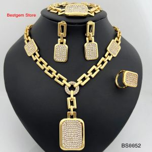 Bracelets Dubai Gold Batingy Jewelry Conjunto de colar de pendente quadrado Brincos de anel de anel para mulheres Jóias de festas de casamento de noiva Frete grátis