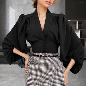 Women's Blouses Women Shirt V-neck Top Elegant Blouse Soft Long Sleeve For Spring/autumn Loose-fit Solid Color