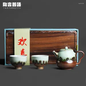 TEAWARE SETS TRÄDRAWood Burn Mark Glaze Blessing One Pot Two Cups Gift Tea Set Matching Bamboo Tray Box Package Mini