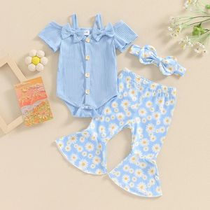 Clothing Sets Born Baby Girl Flare Pants Set Summer Clothes Ribbed Cold Shoulder Button Romper Flower Bell-Bottom Headband