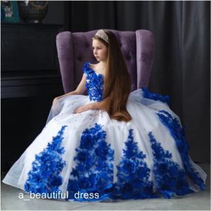Dresses Royal Blue White Flowers Girls Pageant Dresses V Neck Lace Up Princess Prom Dress Floor Length Kids First Communion Gowns FG1340