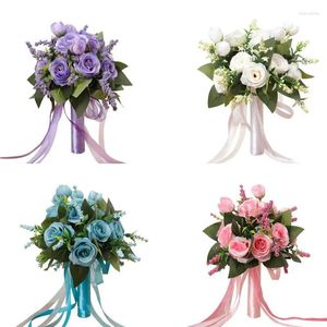 Flores decorativas buquês de noiva para casamentos de estilo ocidental rosa branca artificial com hastes casa de casamento em casa