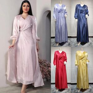 Ethnische Kleidung Satin Open Abaya ärmellose Kleid 2 Stücke Set Frauen Muslim Kimono Islamisch Jalabiya Dubai Türkei Kaftan Robe Vestidos