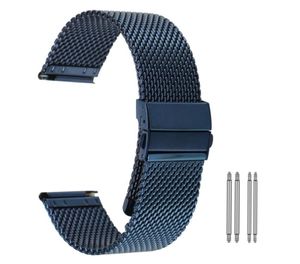 Högkvalitativ gul guldblue 182022mm Mesh Rostfritt stål Band Watch Strap Replacement Armband raka ändar krok Buckle7583511