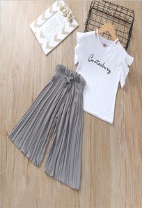 Baby Girls Summer Sweet Clothing 2019 INS Children Letter Printed Tshirt and Ruffle szeroko nogi spodnie 2 sztuki Zestaw dla dzieci Set 5319396