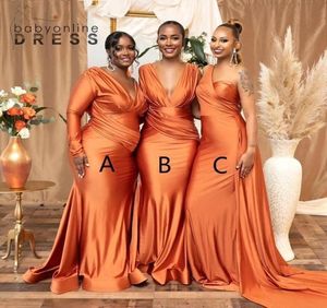 African Orange Red V neck Plus Size Mermaid Bridesmaid Dresses Nigeria Girls Ruched Satin Wedding Guest Dress Sexy Long Maid of Ho9366089