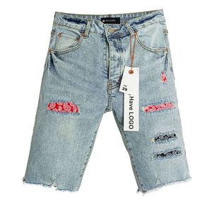 jeans viola designer designer viola jeans produttore di jeans marchi viola, americano High Street, Burr Edge, Hole Patch Denim Shorts for Men, Europe and America