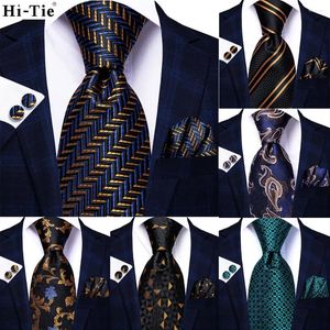 Bow Ties Hi-Tie Striped Navy Blue Gold Paisley Silk Wedding Nicktie For Men Hanky Cufflinks Gift Mens Tie Set Business Party Drop