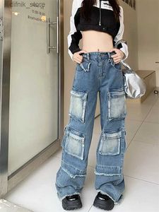 Jeans femininos 2024 ropa grunge y2k strtwear lavado azul balancada de jeans empilhada para mulheres 90