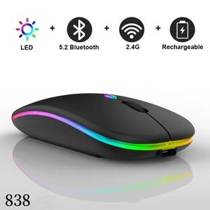 Laddningsbara trådlösa Bluetooth -möss med 2,4 g mottagare 7 Färg LED -bakgrundsbelysning Silent Mice USB Optical Gaming Mouse för dator Desktop Laptop PC Game 838DD