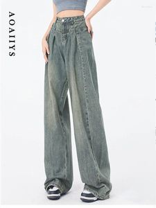 Women's Jeans Aoaiiys Blue Slouchy Pleated Baggy Wide Leg Full Length Casual Comfortable Mop Pants Fashion Straight Trousers