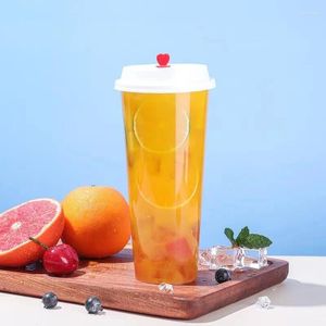 Disposable Cups Straws 100 Pcs Transparent Plastic Cup Juice Cold Drinks Takeaway Packaging (with Dome Lid) Bubble Tea Coffee PVC