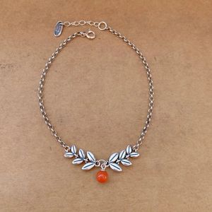 Chineas Style 925 Sterling Silver Red Agate Bead Anknic Antique Wheat Leaf Ankle Bracelet Foot Chain Jewelry for Women 240408